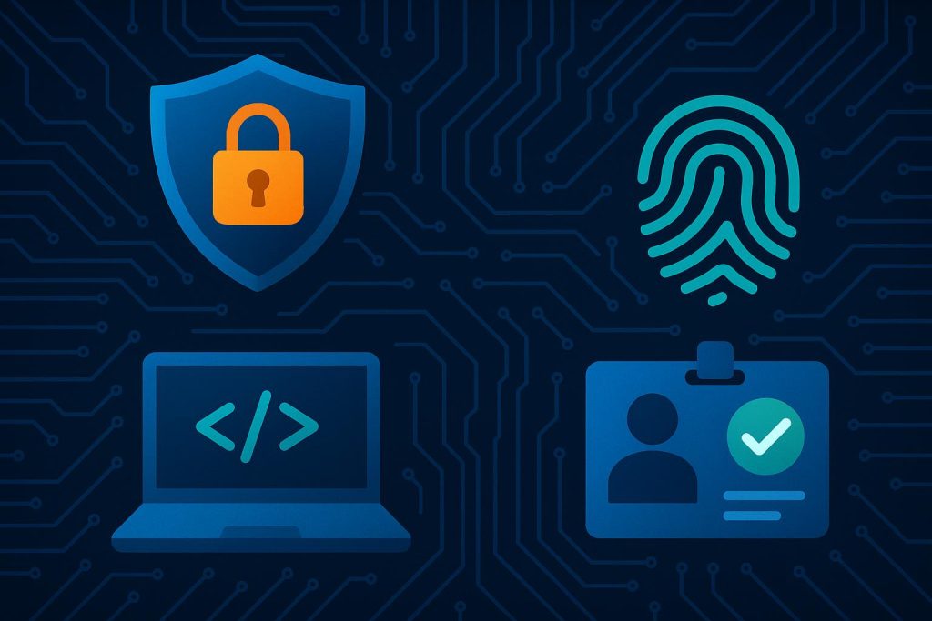 Digital padlock with code and ID verification icons symbolizing online security and digital identity
