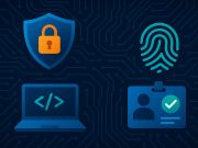 Protecting Yourself in a Digital World: From Secure Code to Verified Identities Digital padlock with code and ID verification icons symbolizing online security and digital identity
