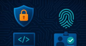 Digital padlock with code and ID verification icons symbolizing online security and digital identity