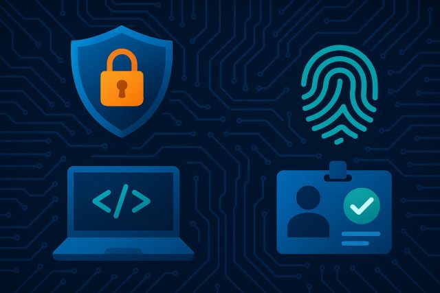 Protecting Yourself in a Digital World: From Secure Code to Verified Identities Digital padlock with code and ID verification icons symbolizing online security and digital identity