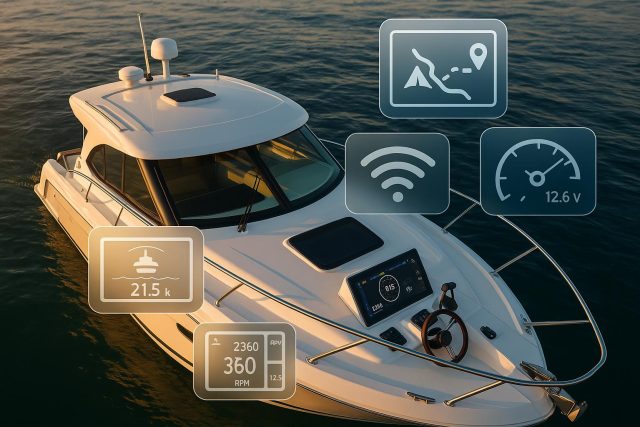Advanced smart navigation system displayed on a modern boat dashboard with digital controls