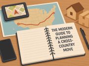 The Modern Guide to Planning a Cross-Country Move Packed moving boxes and a map highlighting a route for a cross-country relocation journey