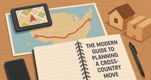 Packed moving boxes and a map highlighting a route for a cross-country relocation journey