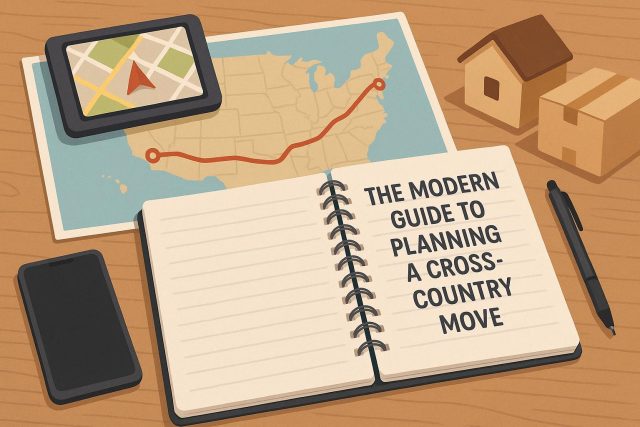 The Modern Guide to Planning a Cross-Country Move Packed moving boxes and a map highlighting a route for a cross-country relocation journey