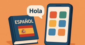 Mobile apps for learning Spanish showcased on smartphone and tablet with Spanish language icons