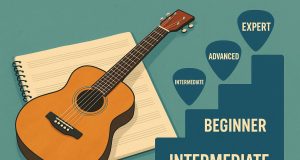 Electric guitar with sheet music and guitar picks symbolizing ongoing learning and skill improvement