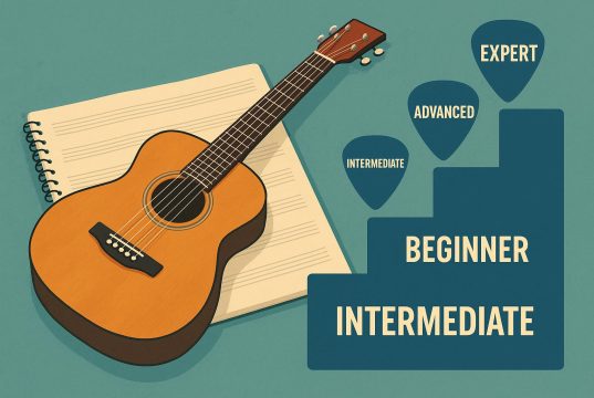 Electric guitar with sheet music and guitar picks symbolizing ongoing learning and skill improvement