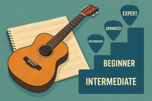 Great Guitar Players Never Stop Learning New Skills at Every Stage Electric guitar with sheet music and guitar picks symbolizing ongoing learning and skill improvement