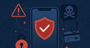 Smartphone with security lock icon emphasizing mobile safety against modern digital scams