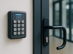 Keycard reader and electronic access control panel securing commercial office entrance