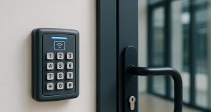 Keycard reader and electronic access control panel securing commercial office entrance