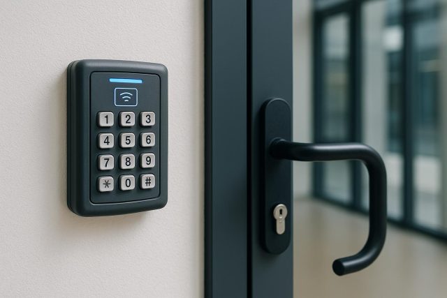 Keycard reader and electronic access control panel securing commercial office entrance