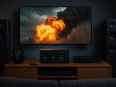 Home theater essentials including projector, surround sound, recliner, LED lights, popcorn machine