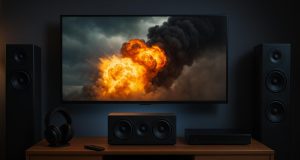 Home theater essentials including projector, surround sound, recliner, LED lights, popcorn machine