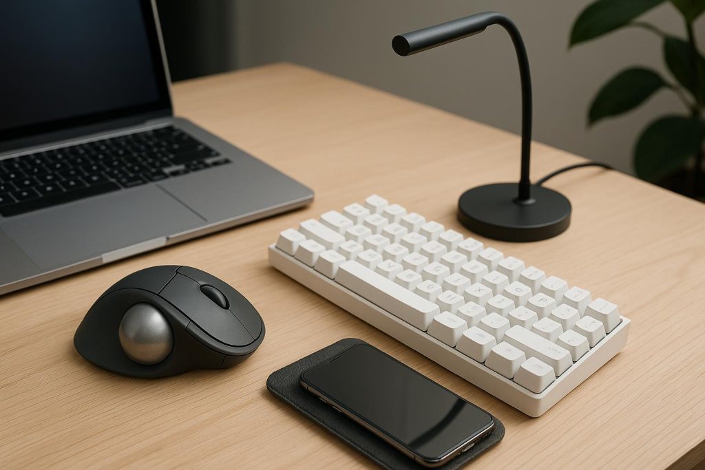Modern office desk with wireless headphones, smart lamp, and ergonomic keyboard for productivity