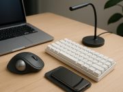 3 Gadgets to Use for Increased Comfort & Productivity Modern office desk with wireless headphones, smart lamp, and ergonomic keyboard for productivity