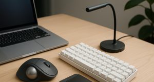 Modern office desk with wireless headphones, smart lamp, and ergonomic keyboard for productivity