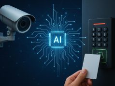 AI-powered surveillance cameras and digital access control panel for enhanced commercial security
