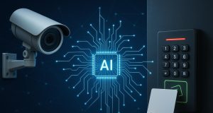 AI-powered surveillance cameras and digital access control panel for enhanced commercial security