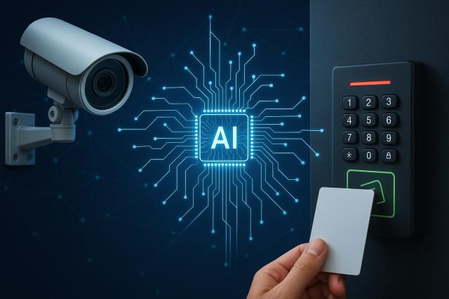Upgrading Commercial Physical Security: Combining AI Video Intelligence with Access Control AI-powered surveillance cameras and digital access control panel for enhanced commercial security