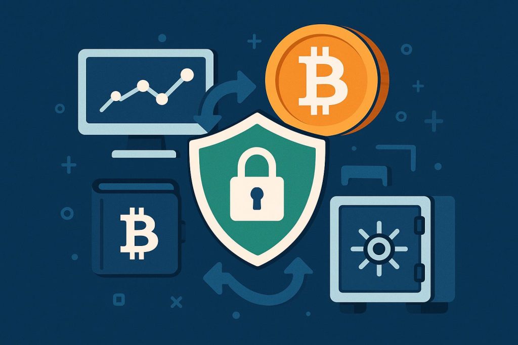 Secure cryptocurrency exchange platform with shield icon representing safety and protection