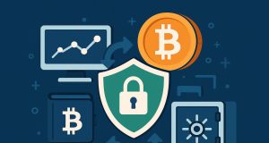 Secure cryptocurrency exchange platform with shield icon representing safety and protection