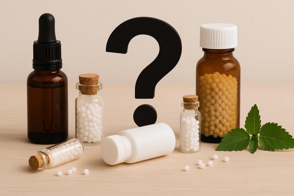 Homeopathic remedies and products displayed on a pharmacy shelf for consumer selection