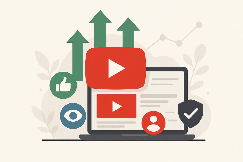 YouTube channel growth tips with analytics dashboard showing rising subscribers, views, and watch time