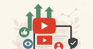 YouTube channel growth tips with analytics dashboard showing rising subscribers, views, and watch time