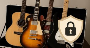 Electric and acoustic guitars displayed on stands, highlighting value for instrument insurance
