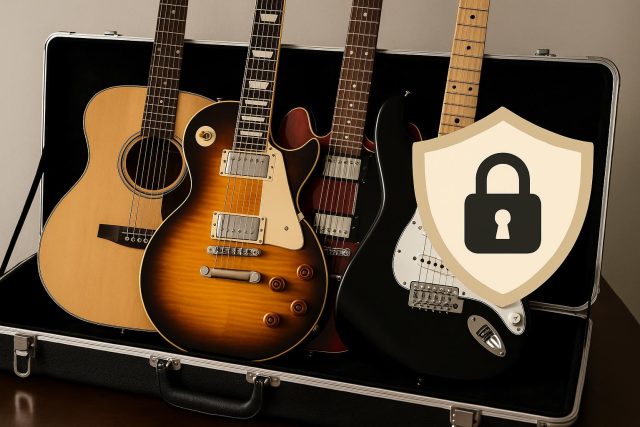 Does Your Guitar Collection Need Insurance? Here Is What to Know Electric and acoustic guitars displayed on stands, highlighting value for instrument insurance
