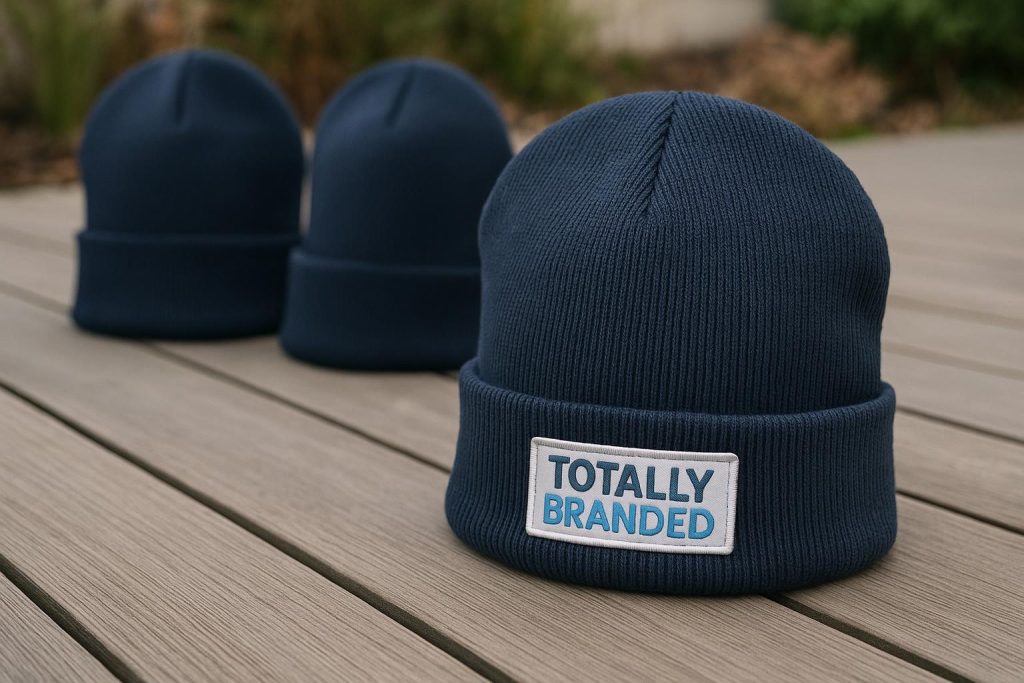 Branded beanie hats displayed as cozy winter teamwear for workplace warmth and branding.
