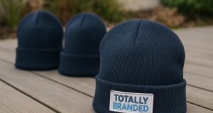 Branded beanie hats displayed as cozy winter teamwear for workplace warmth and branding.