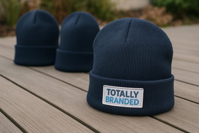 Branded beanie hats displayed as cozy winter teamwear for workplace warmth and branding.