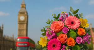 Vibrant bouquet of fresh flowers delivered quickly to a doorstep in London