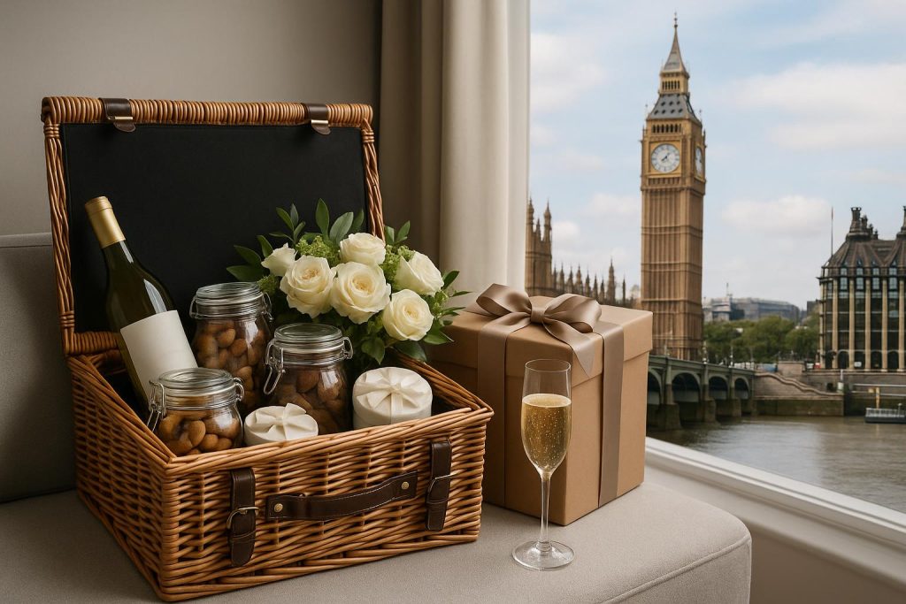 Luxury hampers with gourmet treats and champagne arranged for same-day delivery in London