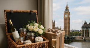 Luxury hampers with gourmet treats and champagne arranged for same-day delivery in London
