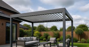 Modern louvered pergola in a stylish alfresco UK garden setup, showcasing weather protection