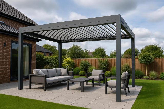 Mastering Alfresco Living: The Ultimate Guide to Modern Louvered Pergolas for UK Weather Modern louvered pergola in a stylish alfresco UK garden setup, showcasing weather protection