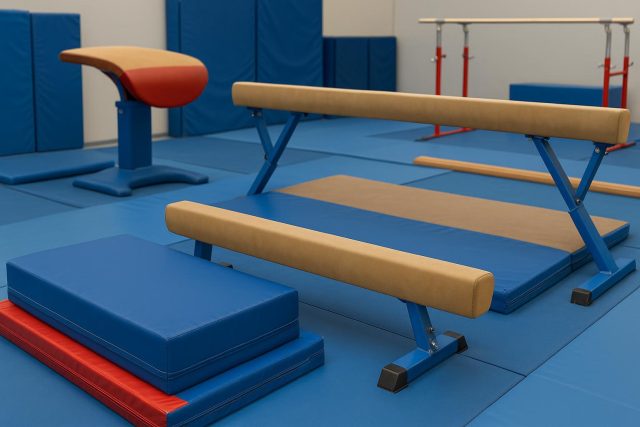 From Mats to Beams: Choosing the Right Training Equipment for Your Gymnast Colorful gymnastics mats and balance beams arranged in a bright, well-equipped gym training area.