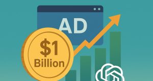 ChatGPT ads revenue milestone illustration with digital marketing and advertising elements