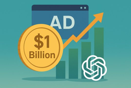 ChatGPT ads revenue milestone illustration with digital marketing and advertising elements