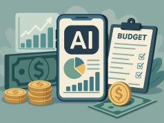 AI-powered personal finance apps managing monthly budget on a digital screen with graphs