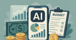 AI-powered personal finance apps managing monthly budget on a digital screen with graphs