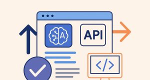 AI API selection process concept with digital interface icons and abstract technology background