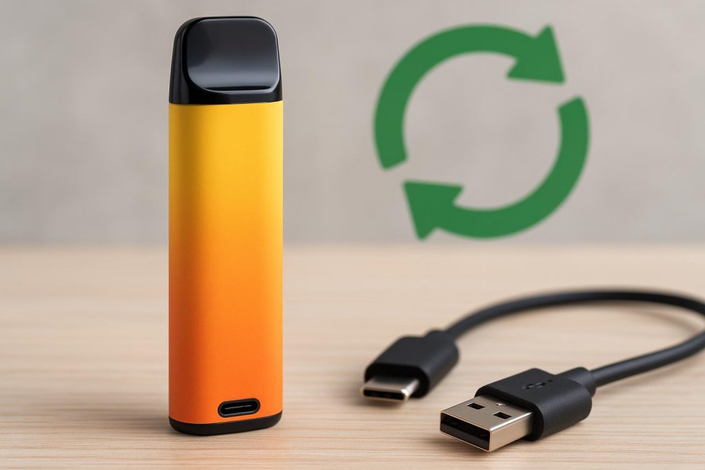 Rechargeable disposable vape design highlighting USB charging port and modern vaping device