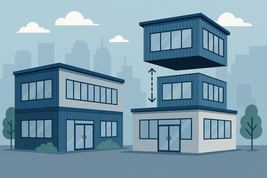 Modular office building with expandable sections showcasing flexible commercial architecture