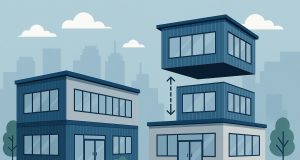 Modular office building with expandable sections showcasing flexible commercial architecture