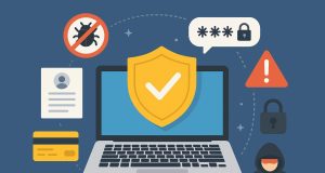 Person locking laptop to illustrate online security and safe internet practices