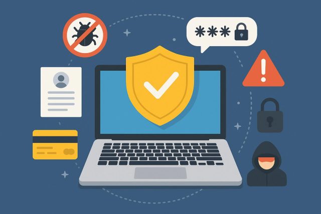 Person locking laptop to illustrate online security and safe internet practices